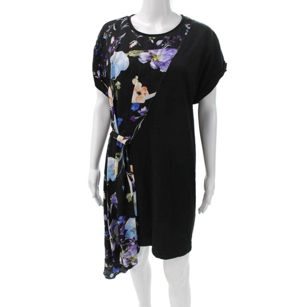 3.1 Phillip Lim Women Black Floral Cotton T-Shirt Dress Short Sleeve Size 6